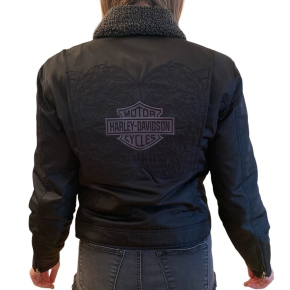 RARE Small Black Harley-Davidson Quilted Lined Jacket With Removable Collar - Picture 3 of 16